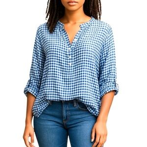 Ruby Rd. Blue Gingham Check Henley Blouse PM Petite Medium Convertible Sleeve